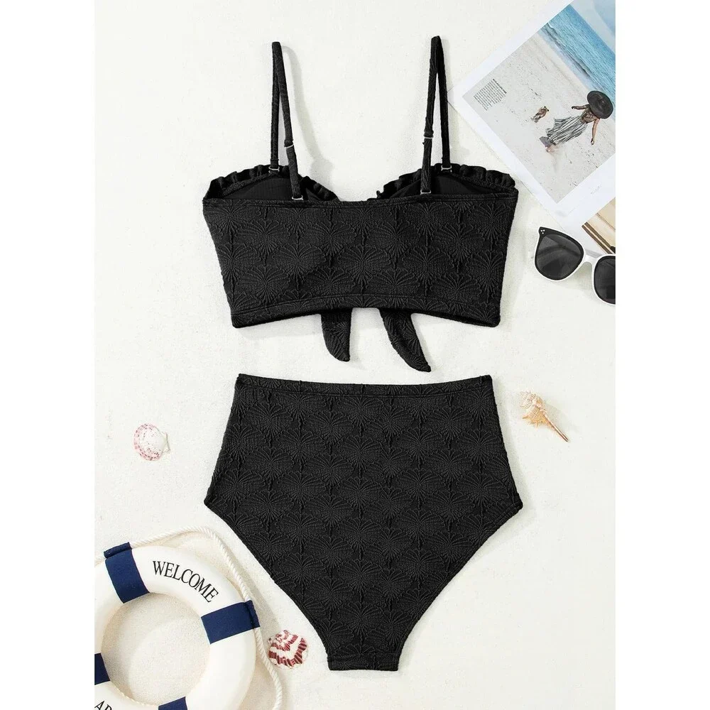 Herseas Women's Black Seashell Textured Bikini Sets Knotted Front High XS